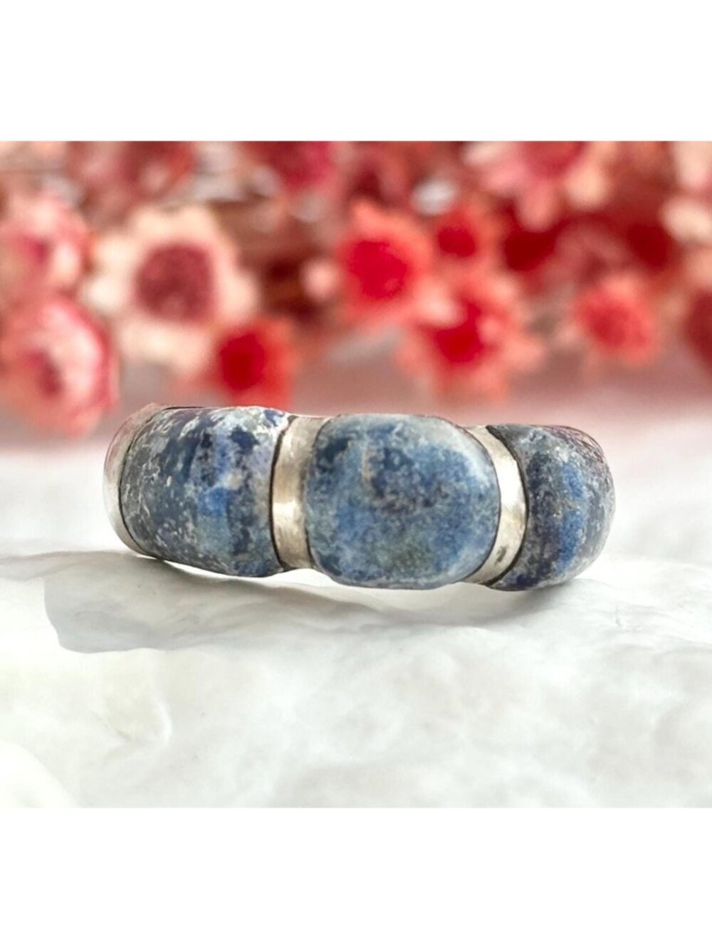 970 PURE SILVER Triple Lapis Lazuli Gemstone Southwest Vintage Ring - sz 8.25